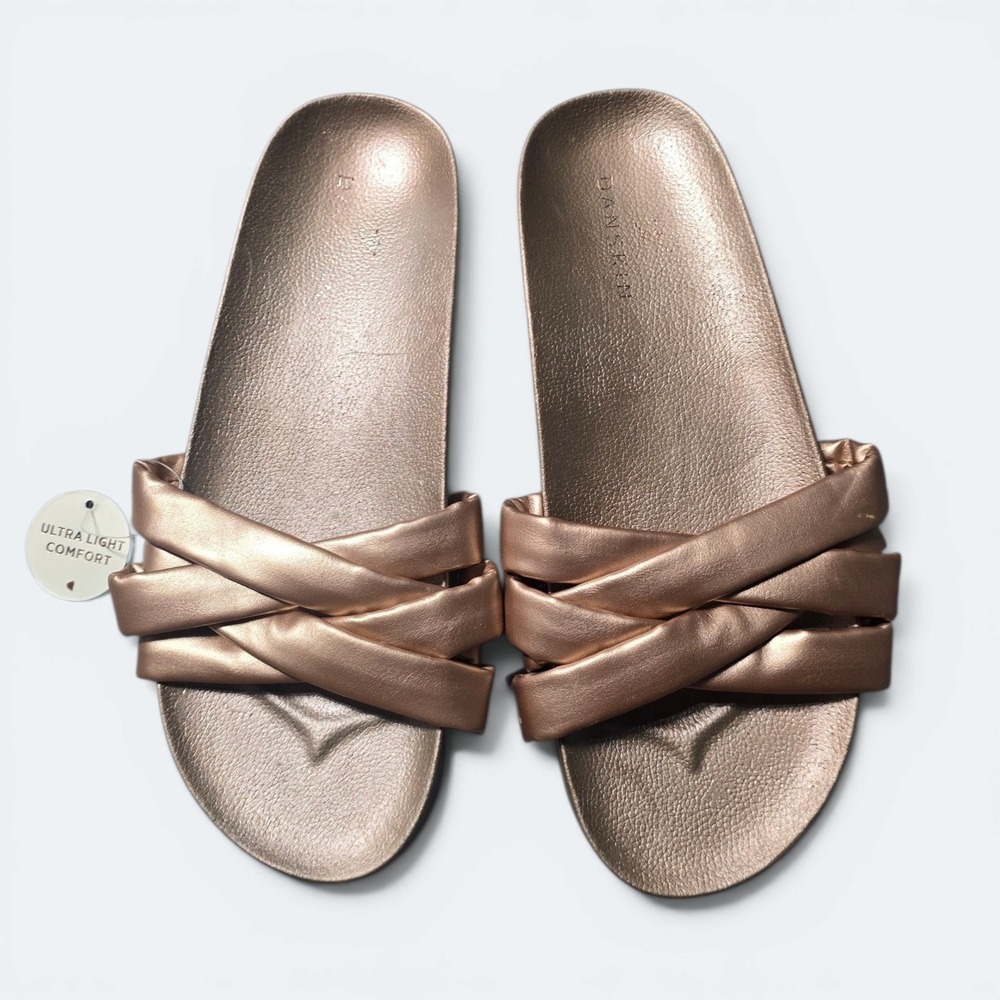 Danskin Lavish Rose Gold Metallic Crisscross Vegan Slide Sandals Womens Size 7.5